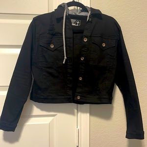 Distressed cropped black stretchy denim jacket from Celestial Bodiez size M